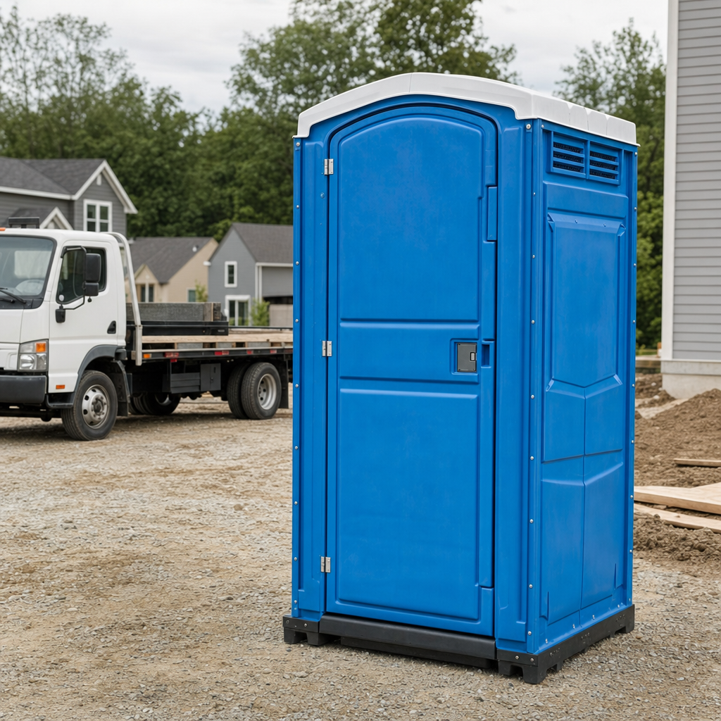 Delivery driver positioning a clean royal-blue portable toilet on level ground at a Tucson worksite
