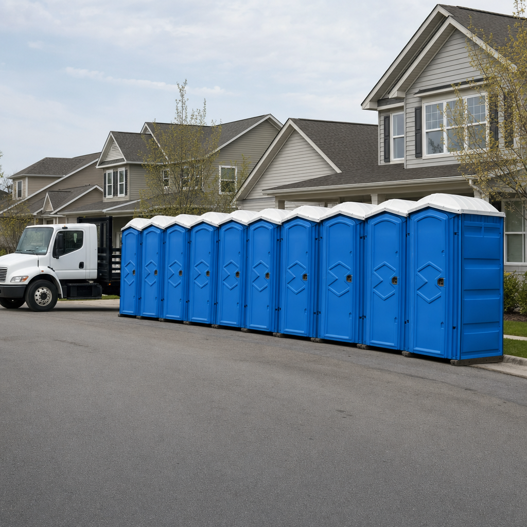 Royal blue portable toilets staged in a tidy row at a Tucson jobsite, ready for delivery